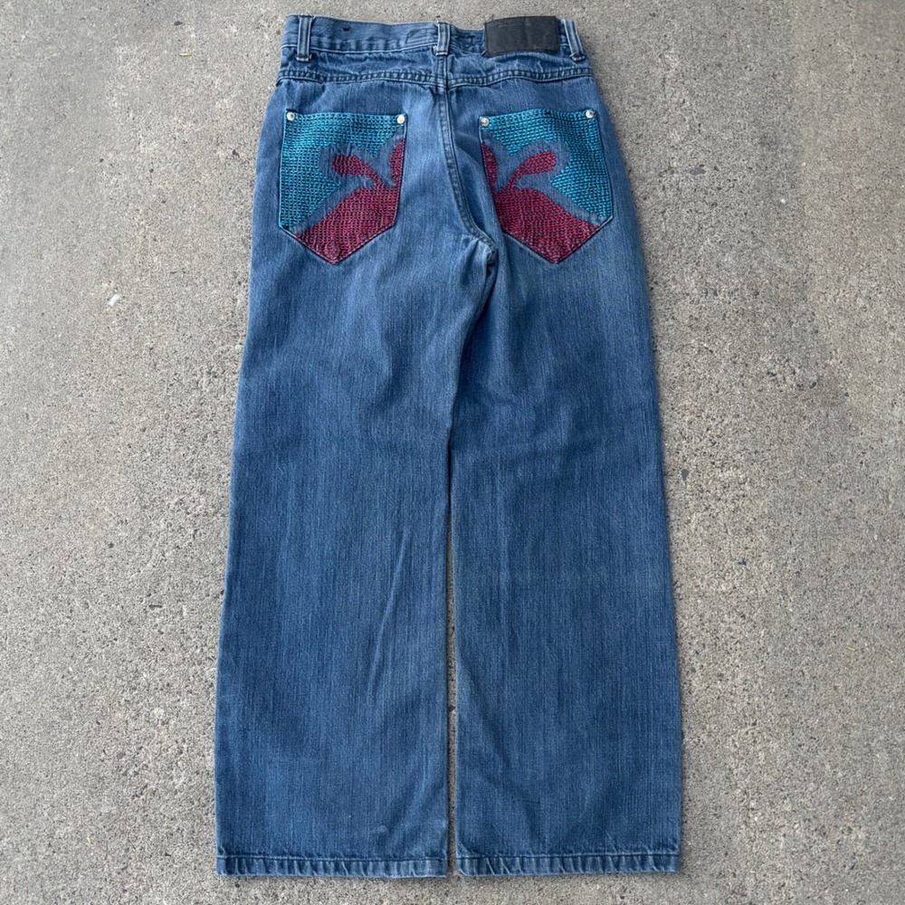 Rocawear Medium Wash Two Tone Red Baggy Wide Leg Jeans Y2K Boys Kids Size 12